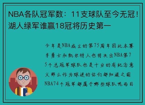 NBA各队冠军数：11支球队至今无冠！湖人绿军谁赢18冠将历史第一